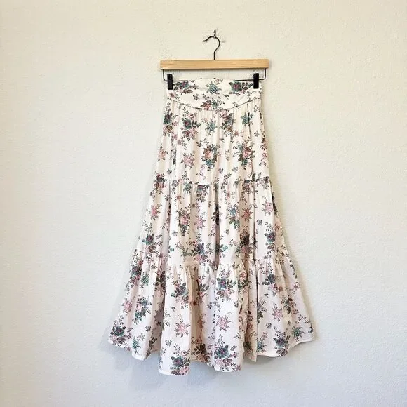 ANNA MASON Maxi Skirt Beige Floral Tiered Flare Cotton Peasant Fairy - Picture 1 of 11